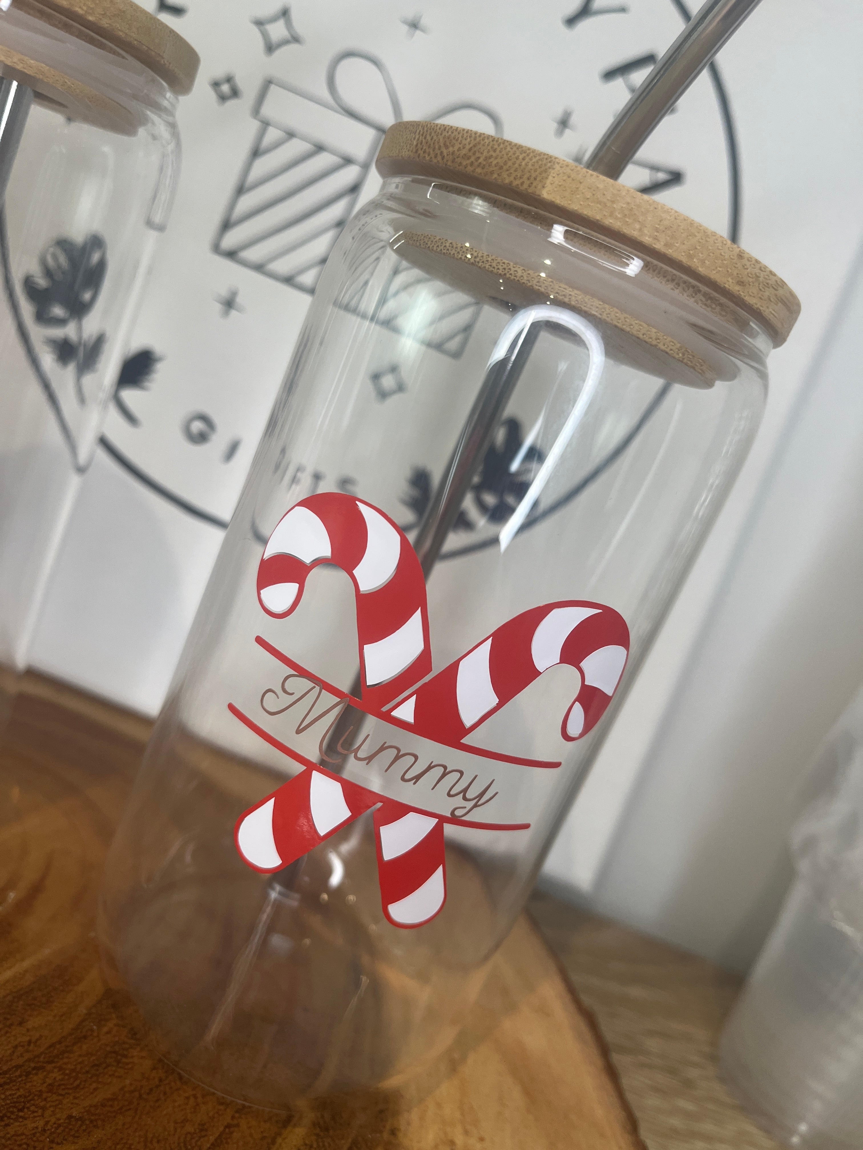 Personalised Christmas Glass Cup with Bamboo Lid & Straw