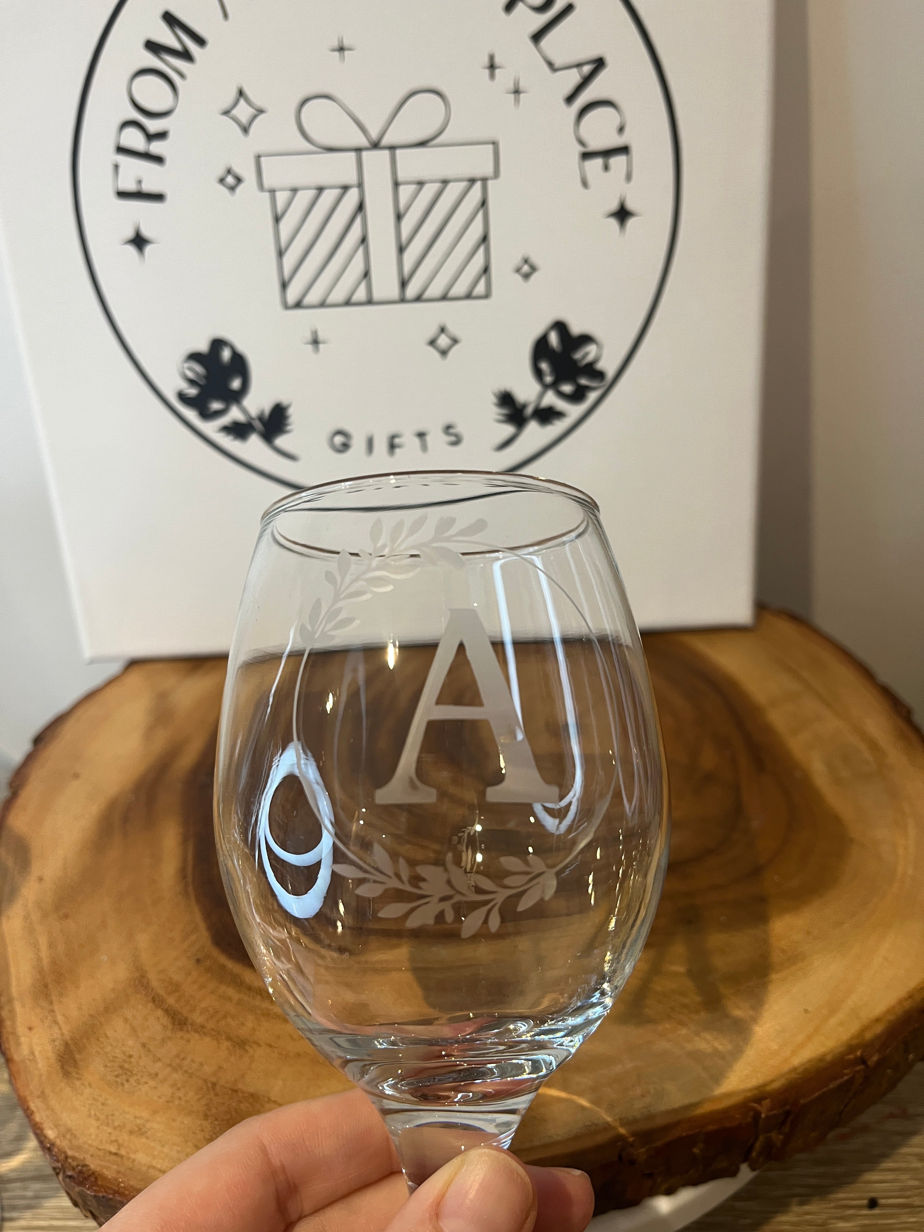 Etched initial wine glass