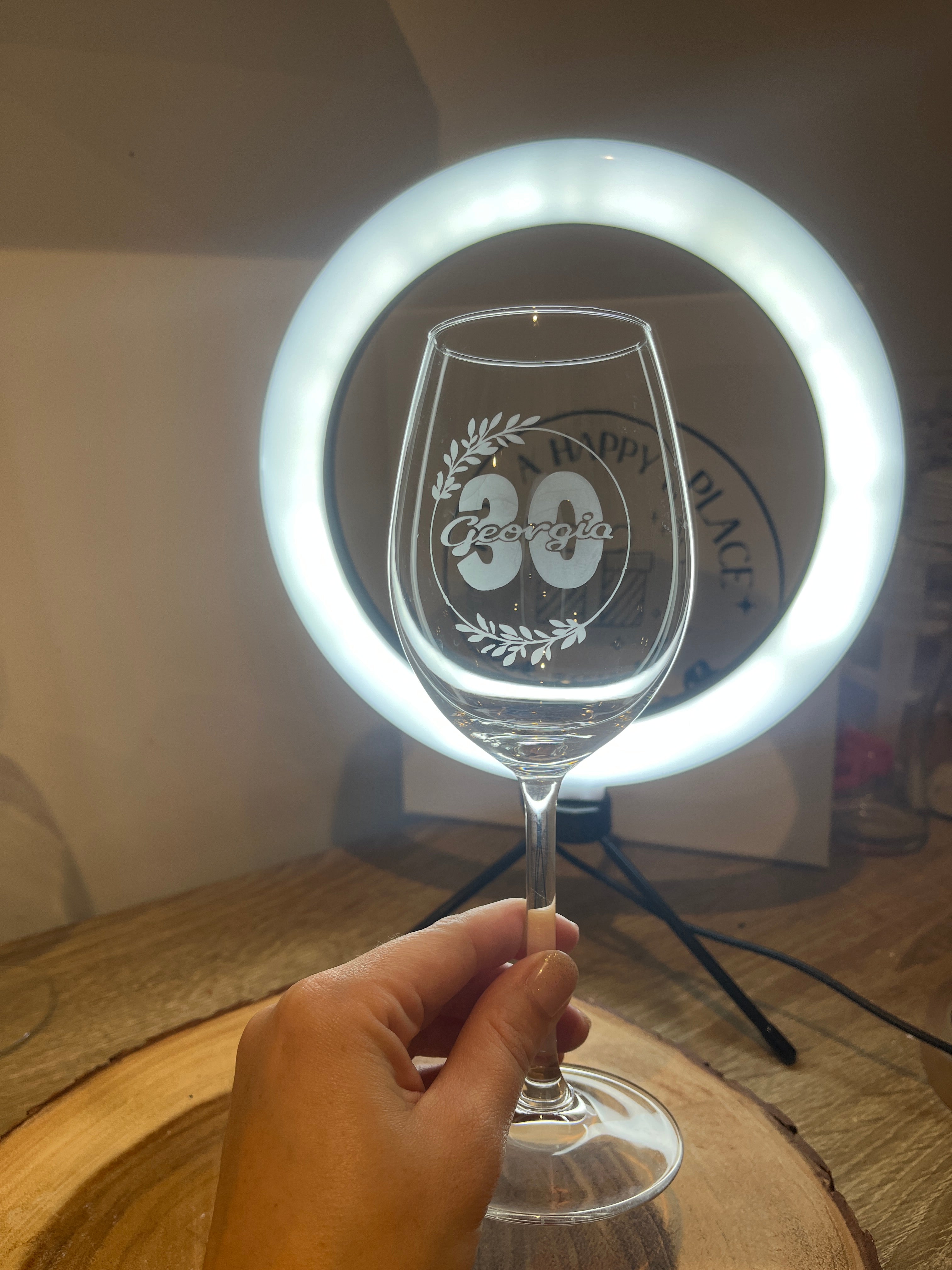 Etched name and age wine glass
