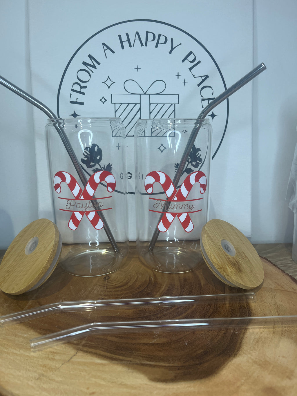 Personalised Christmas Glass Cup with Bamboo Lid & Straw