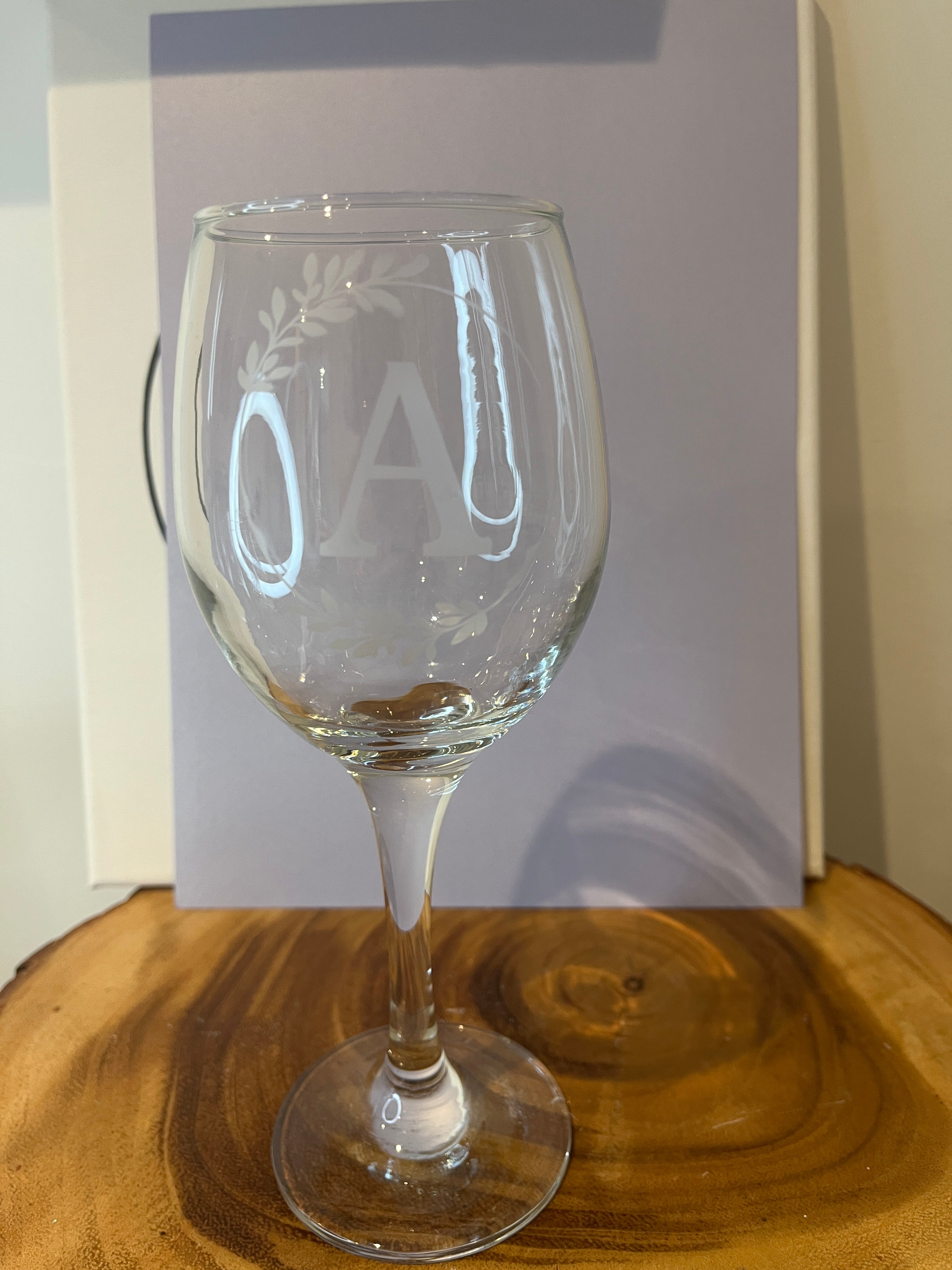 Etched initial wine glass