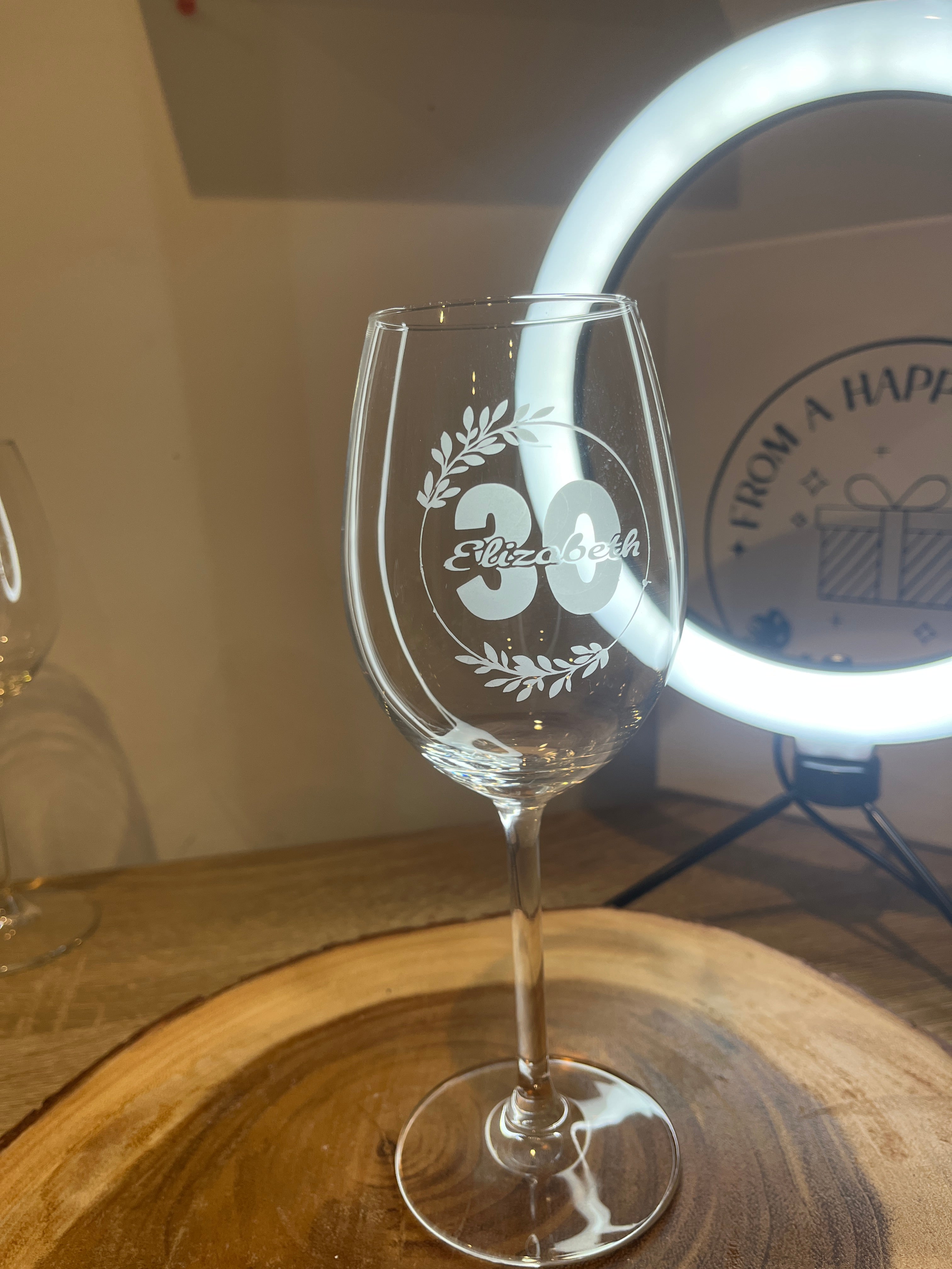 Etched name and age wine glass