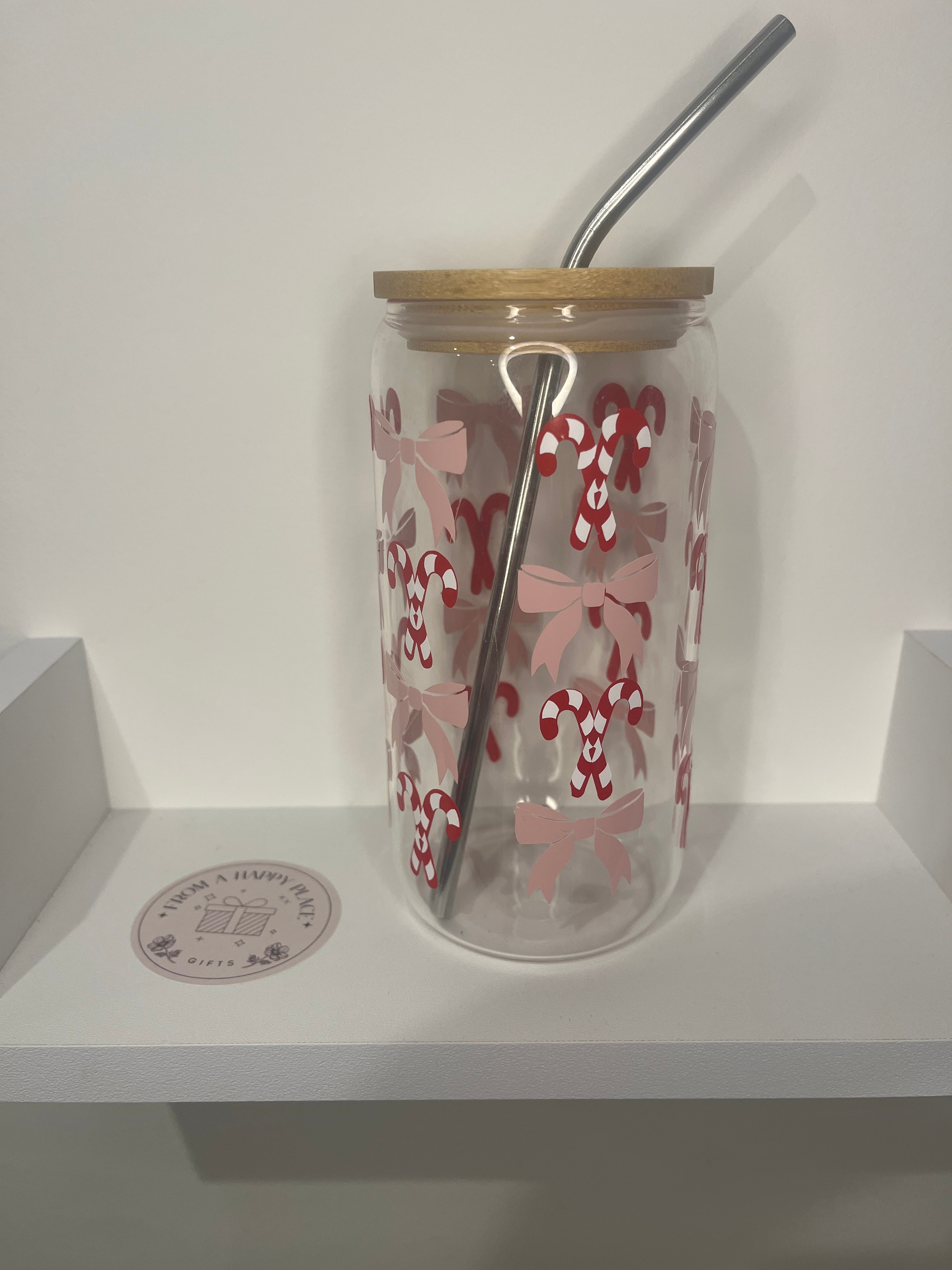 Candy Cane Bow Glass Cup